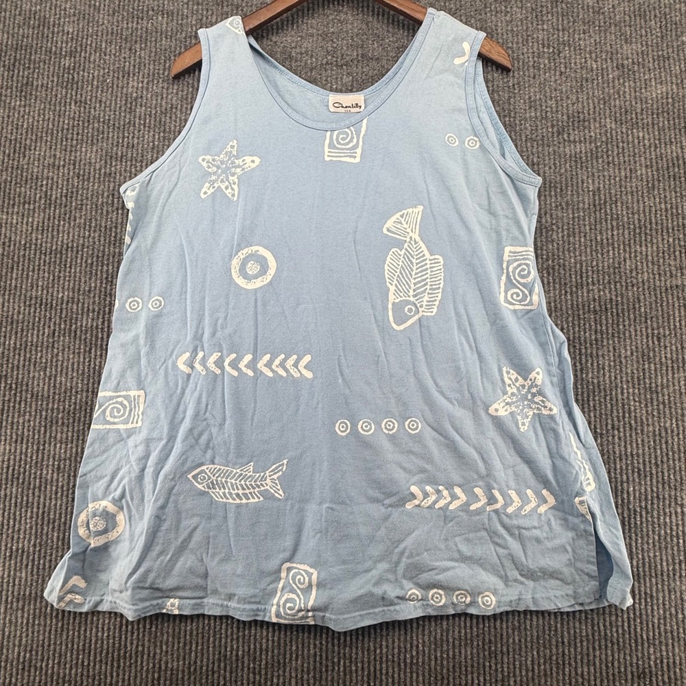 Vintage Chantilly Tank Top Womens XL Blue Fish Starfish Coastal Nautical USA